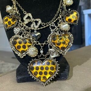 Vintage Betsy Johnson love leopard heart multi charm necklace
